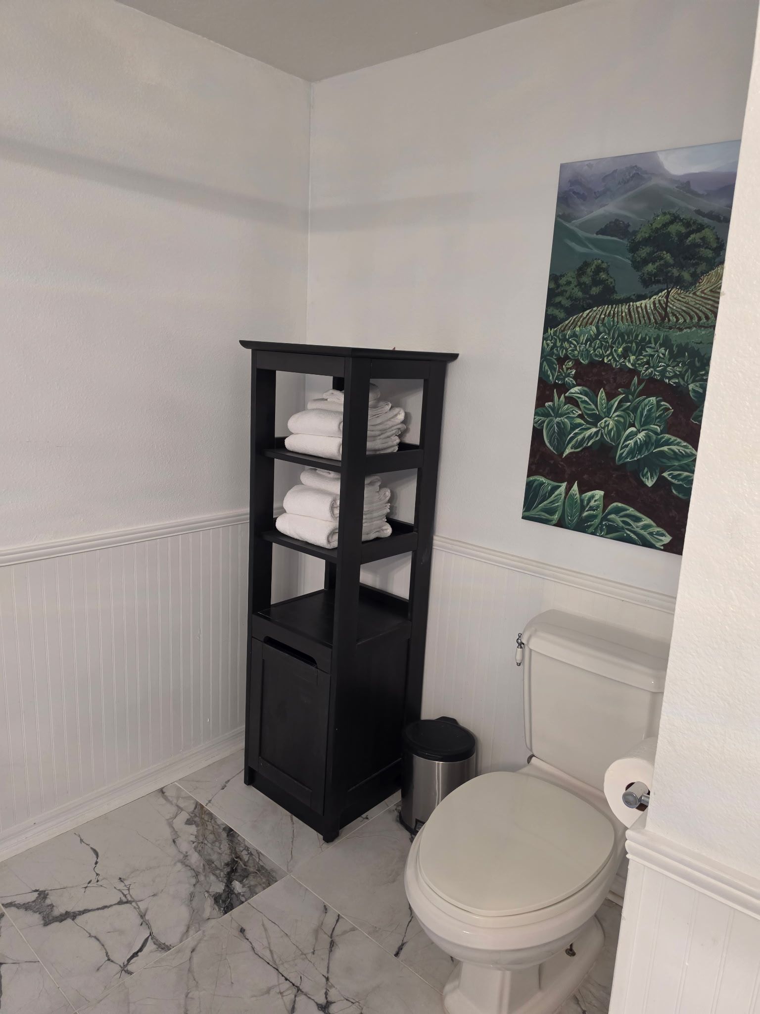 Bathroom corner with toilet, black storage shelf, radiator, and landscape wall art