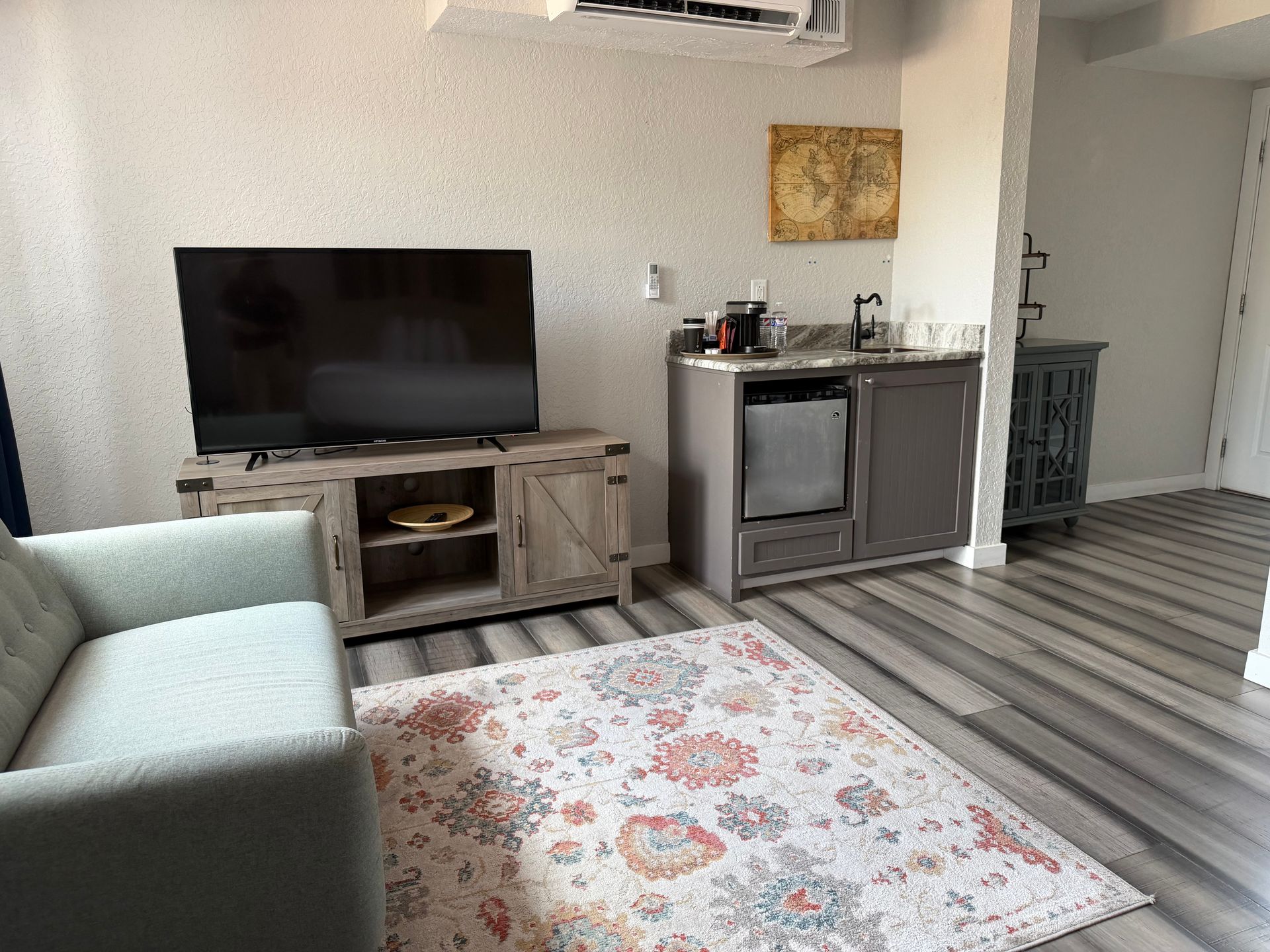 Living room with gray sofa, TV stand, patterned rug, and kitchenette area with sink and mini fridge