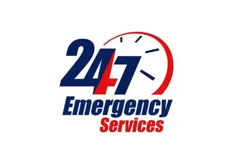 Logo for 24/7 Emergency Services with clock and bold text. Red and blue colors.