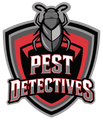 Logo for Pest Detectives with a grey beetle on a red and black shield, with bold, stylized text underneath.