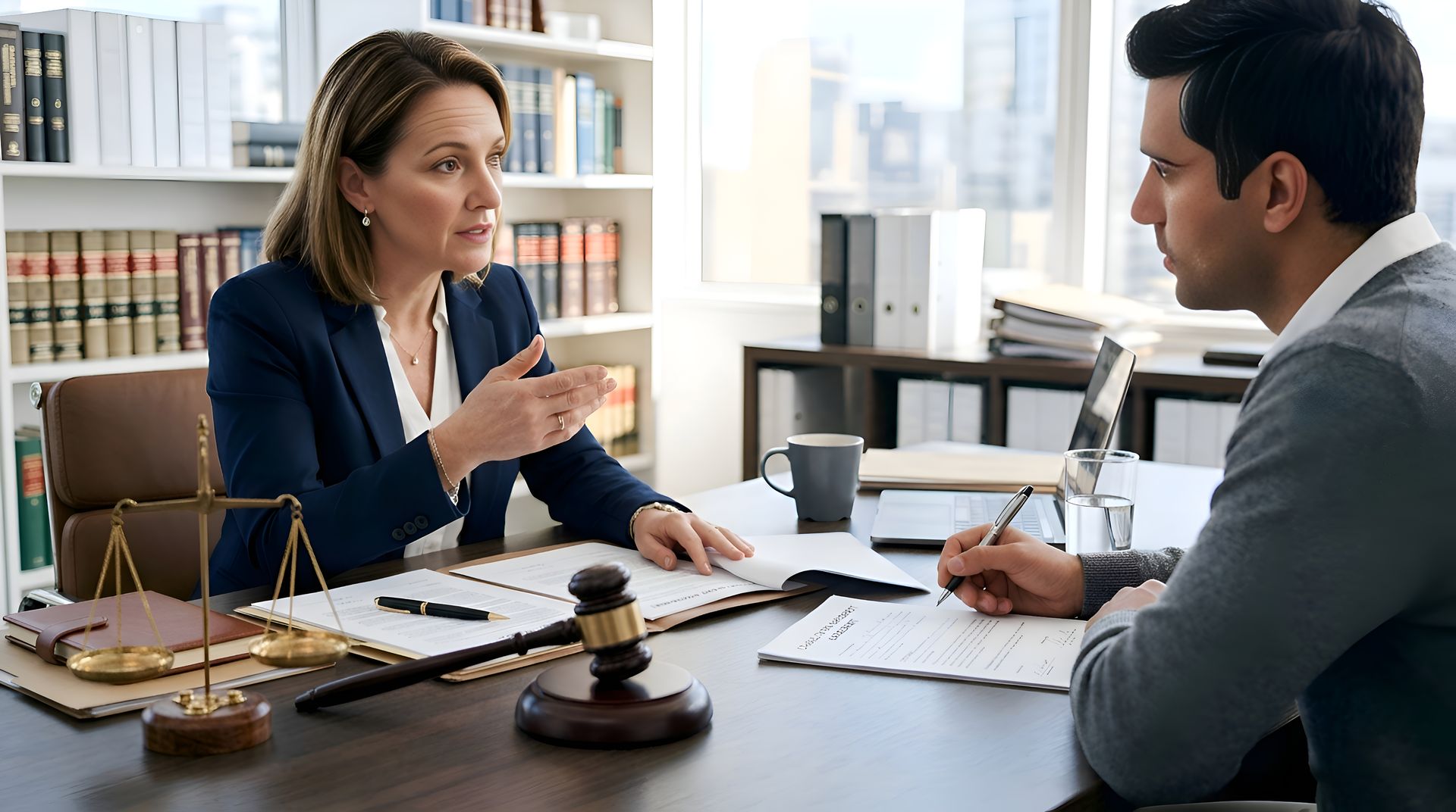 Criminal defense lawyer concept with gavel and handcuffs on desk. Criminal defense attorney firm reviewing case documents with a client