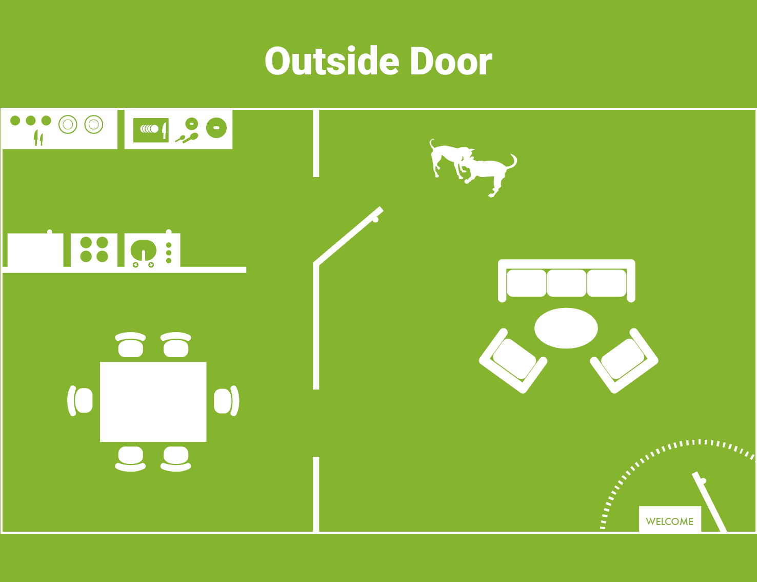 Floor plan of a home with a kitchen, dining area, living room, and a dog near the outside door.