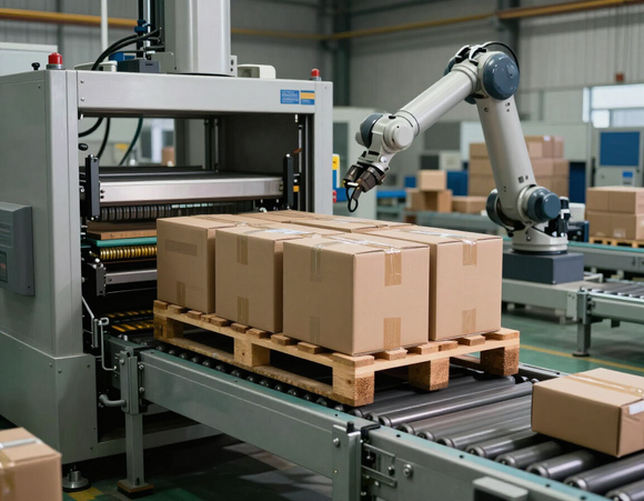 Caricatore pallet automatico in azione su una linea di produzione