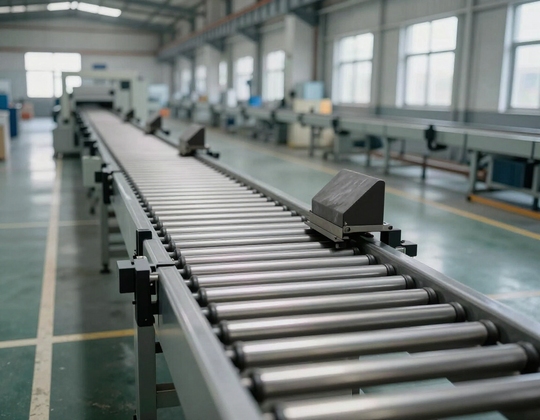 Sistema di movimentazione con rulliere e deviatori integrati in una linea produttiva