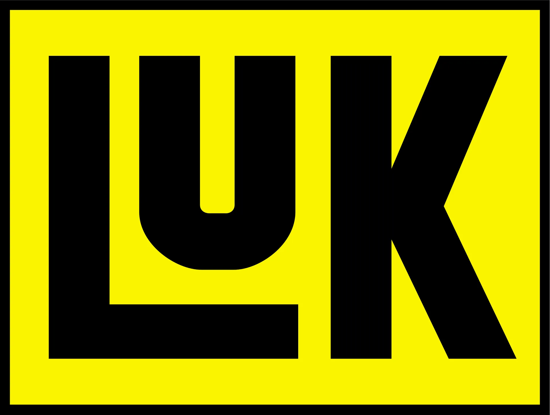 Letras negras “LUK” sobre un fondo rectangular amarillo con borde negro.