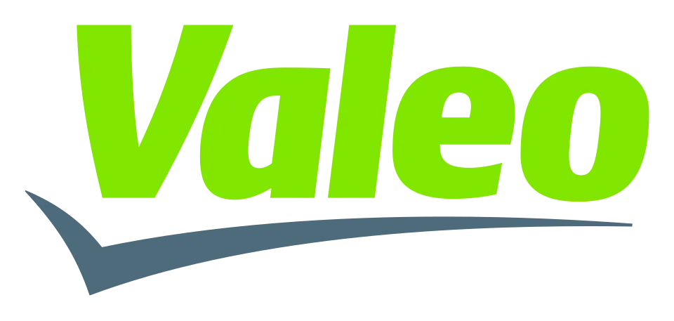 Logotipo de Valeo en texto verde con un subrayado azul en forma de curva sobre un fondo blanco.