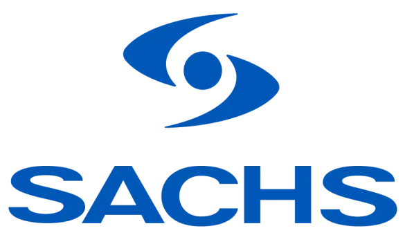 Logotipo de SACHS en azul con un emblema abstracto estilizado sobre el nombre de la marca.