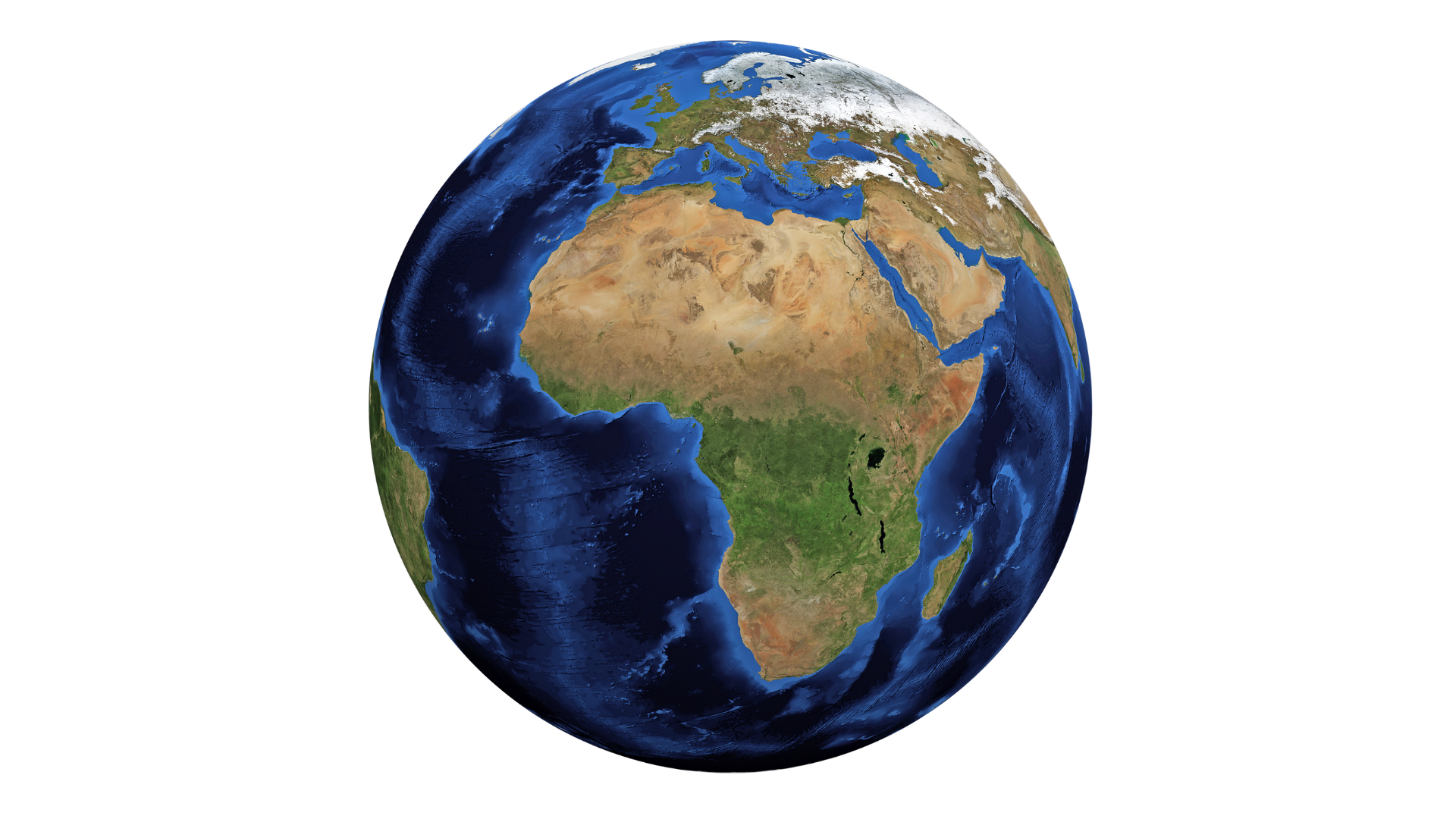Rotating globe showing Africa and Europe. Blue oceans, brown and green continents, white cloud cover.