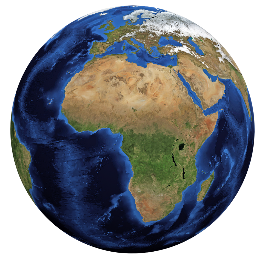 Earth from space; Africa and Europe visible, snow-capped mountains.