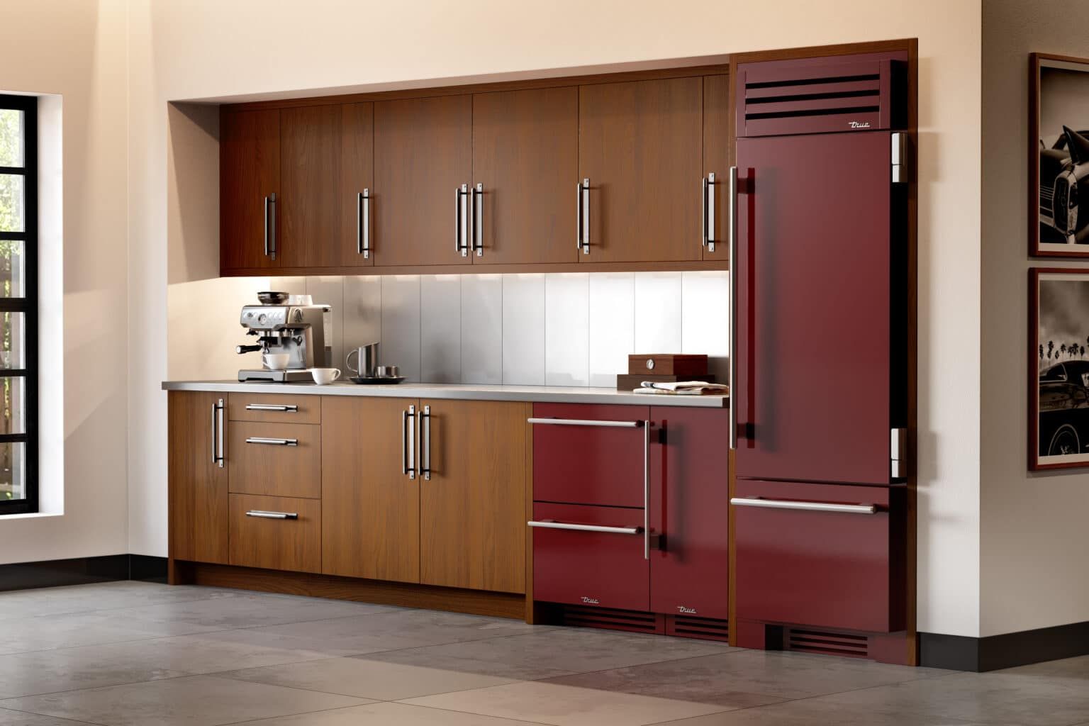 Modern kitchen with reddish-brown appliances and cabinetry, stainless steel backsplash, and a light-colored countertop.