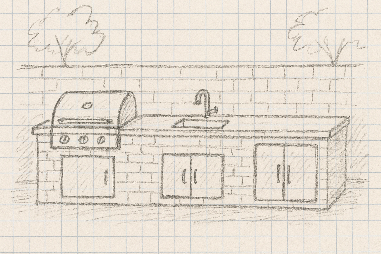 Sketch of an outdoor kitchen with a grill, sink, and storage cabinets, set against a brick wall and trees.
