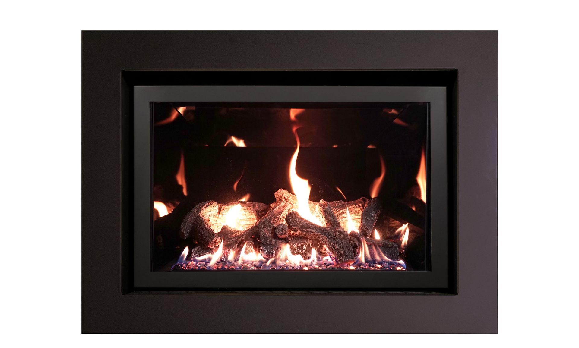 A black gas fireplace with burning logs and flames.