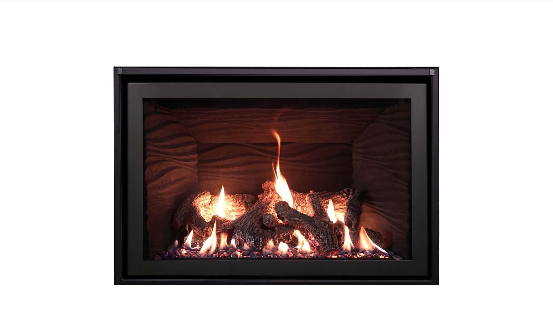 A gas fireplace with burning logs and flames, set in a black-framed opening.