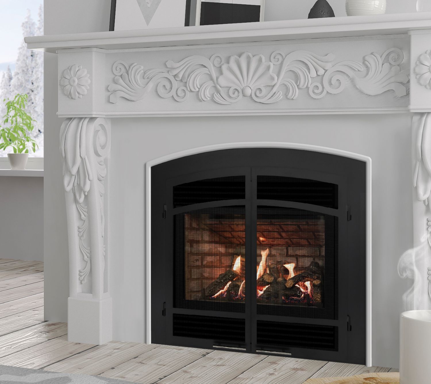 White fireplace with ornate carvings, a black-framed glass door, and a burning fire inside.