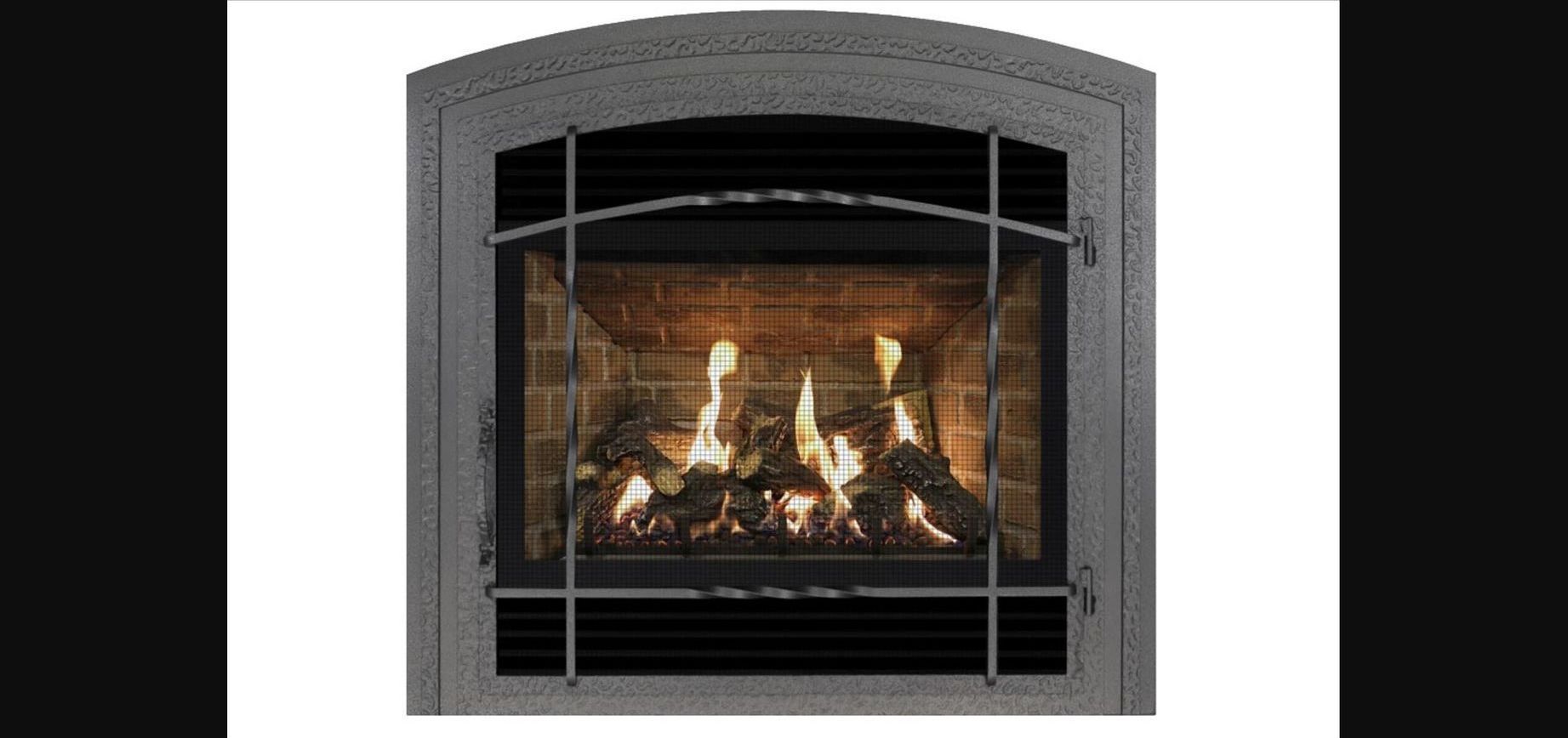 A lit gas fireplace with a metal grate and brick interior. The arched frame is gray, and the flames glow brightly.