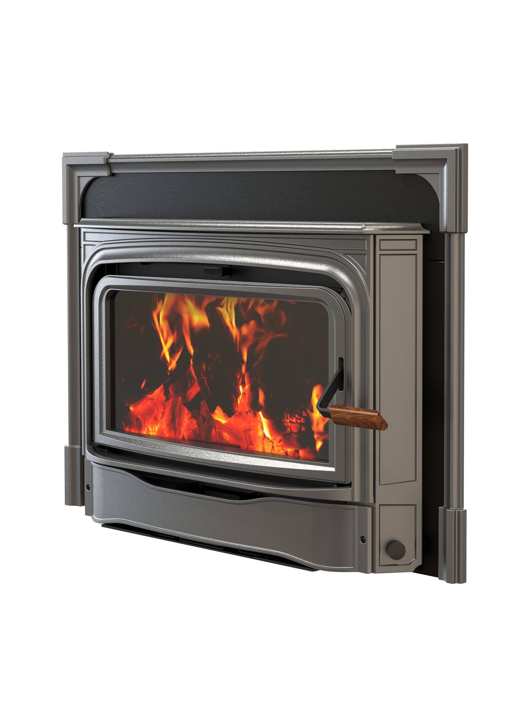 A gray fireplace insert with a burning fire visible through a glass door, featuring a wooden handle.