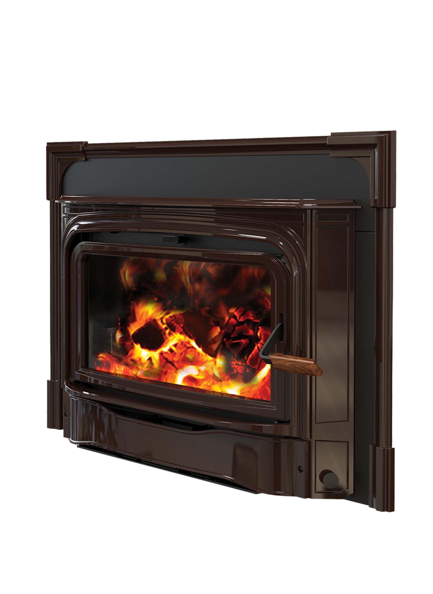 A dark brown fireplace insert with a glowing fire inside. The insert has a decorative trim and a handle on the side.