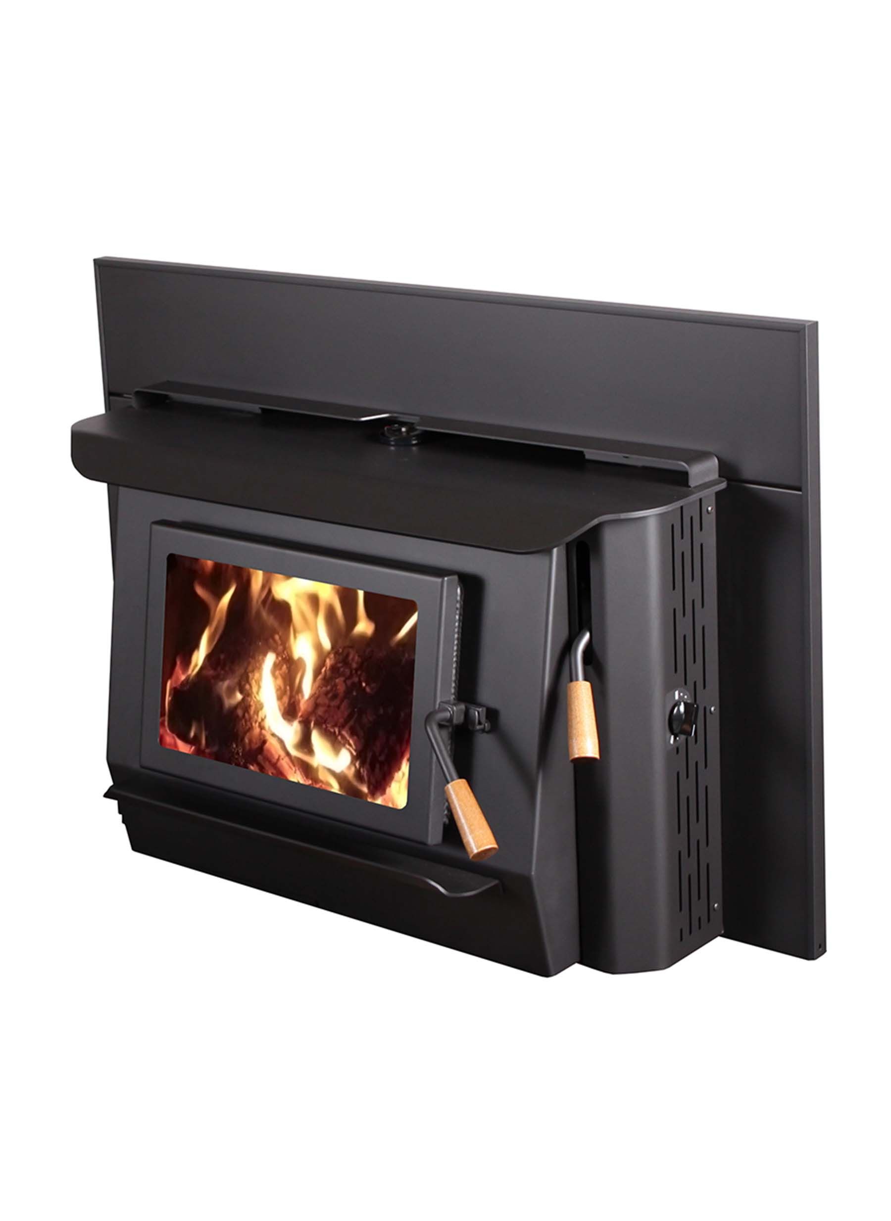 Black wood-burning fireplace insert with flames visible through glass door, with wooden handles and a shelf.