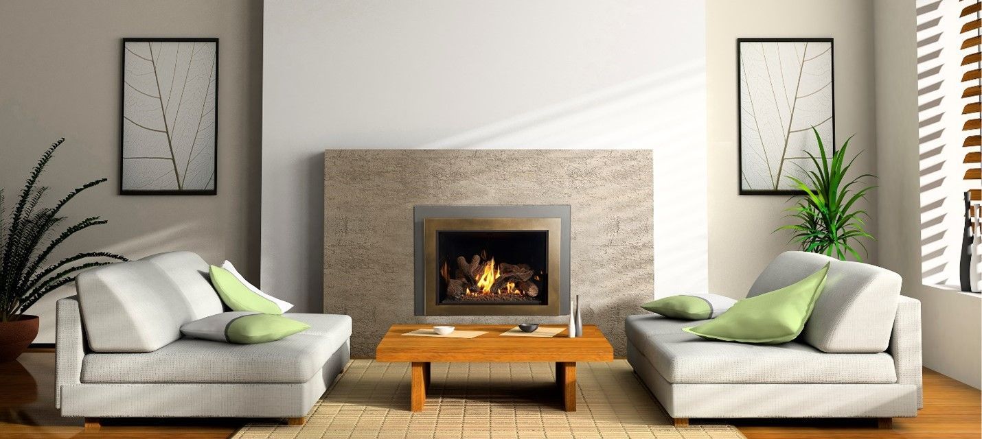 Living room with two gray sofas facing a fireplace. A wooden coffee table is centered in front of the fireplace.