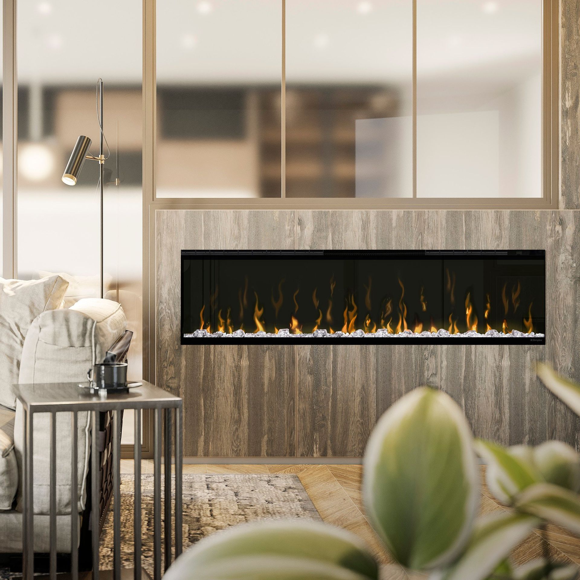 A modern living room with an electric fireplace built into a textured wall. Warm flames are visible inside the fireplace.