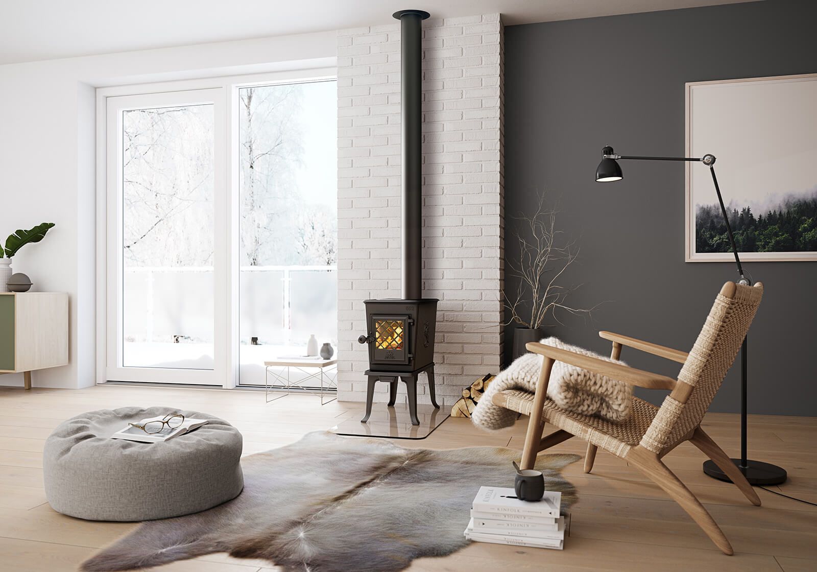 Cozy living room with a wood-burning stove, a wooden armchair, and a large window overlooking an outside view.