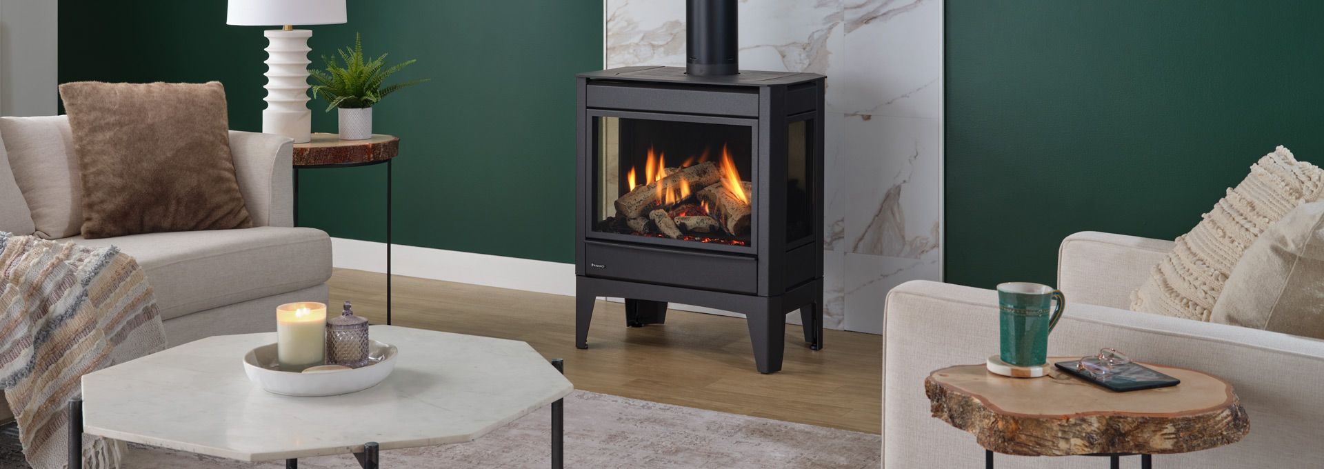 Modern black fireplace with a tall chimney, set in a room with a snowy mountain view through large windows.