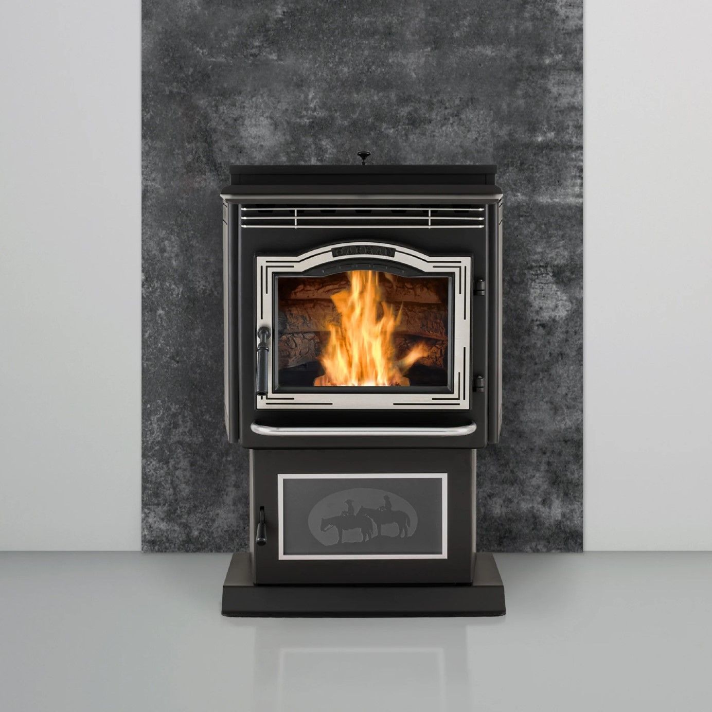 A black pellet stove with a fire burning inside, set against a gray, textured wall.
