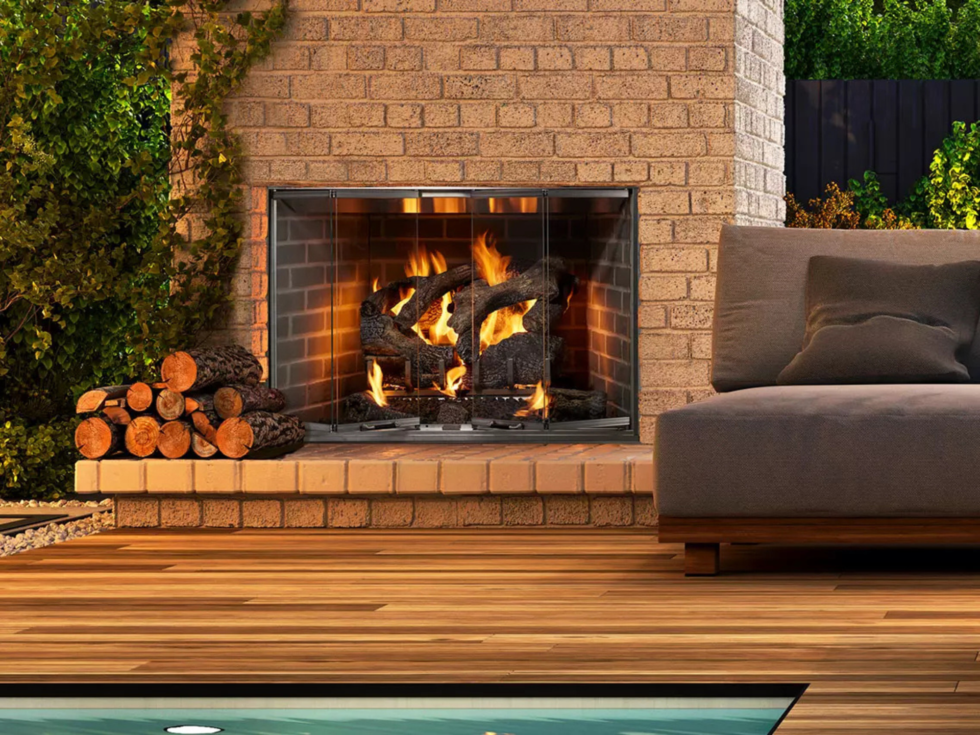 Cozy living room with fireplace flanked by two bookshelves filled with books and decor. Fire burning in the fireplace.