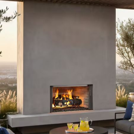 A modern fireplace with a lit fire is surrounded by a gray stone wall and topped by abstract art. Fireplace tools stand to the left.