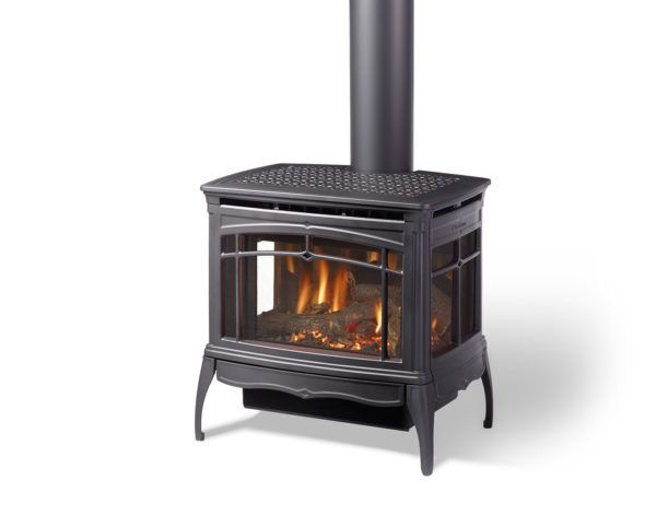A black gas fireplace with a decorative front, lit flames, and a chimney. It is set against a white background.