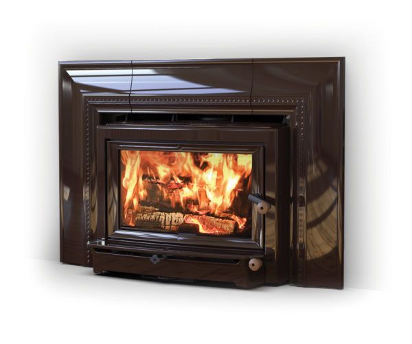 Brown, wood-burning fireplace with flames inside. The fireplace has an ornate, dark brown trim and a closed door.