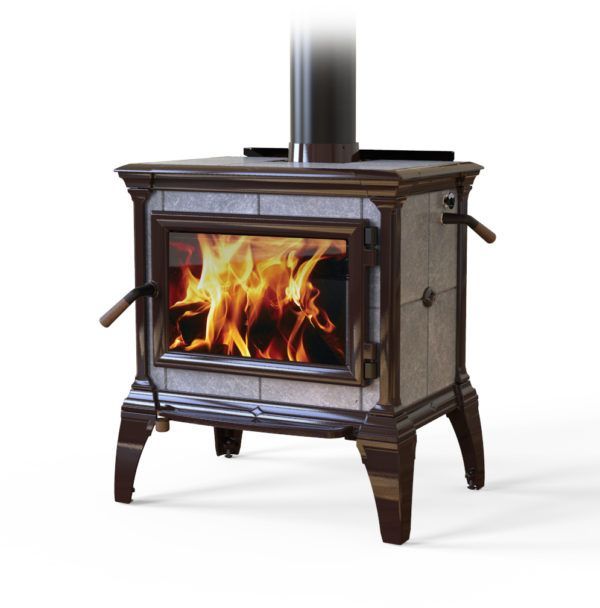 A wood-burning stove with a lit fire inside, featuring brown trim, gray tiles, and a black chimney pipe.