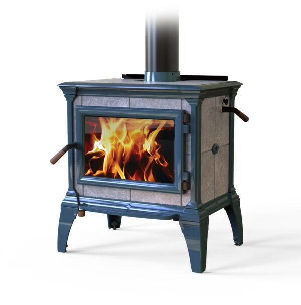 A blue and gray wood-burning stove with flames visible through the glass door and a chimney.