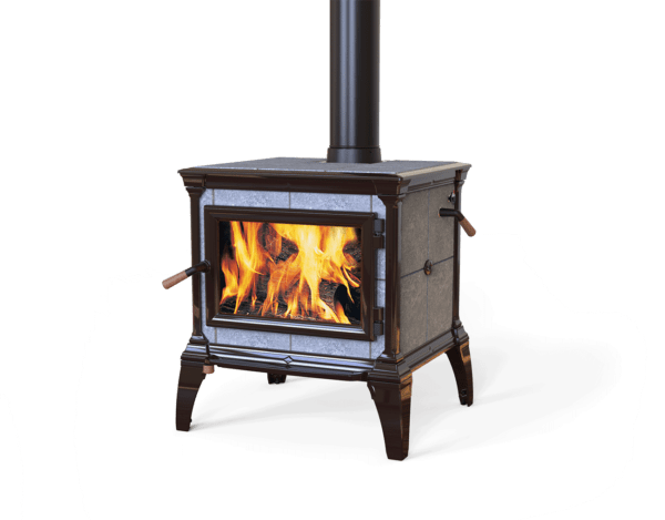 Wood-burning stove with a roaring fire visible through the glass door. Black chimney and dark frame with blue-gray tiles.