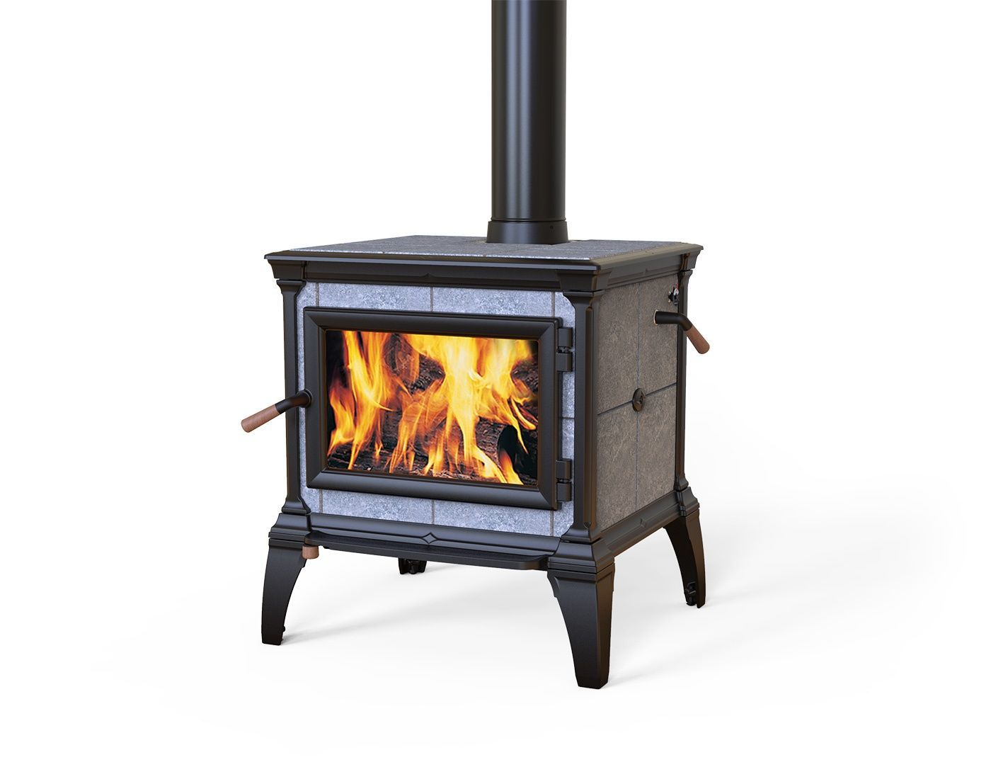 Wood-burning stove with roaring fire inside. Black metal frame with grey stone-like side panels and a black chimney.