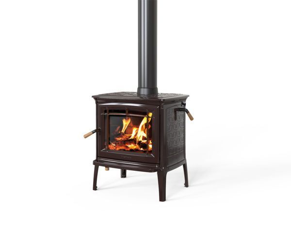 A dark brown wood-burning stove with a roaring fire, chimney, and wooden handles.