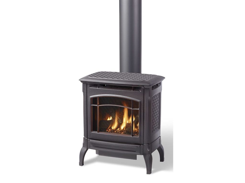 Black gas stove with flames visible through the glass front. A black chimney rises from the top.