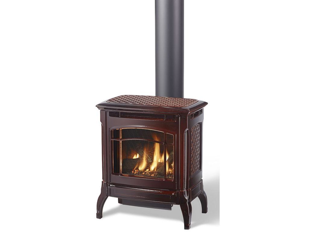 Dark brown gas fireplace with flames visible inside, black chimney pipe rises above.