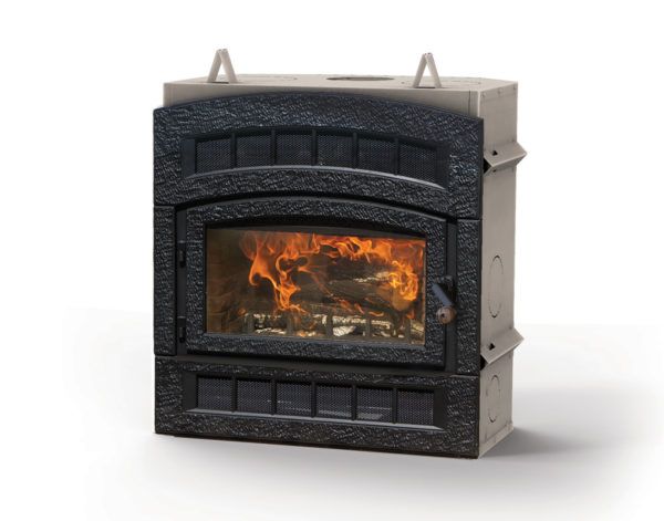 A wood-burning fireplace insert with flames visible behind a glass door. The insert is black with a stone-colored frame.
