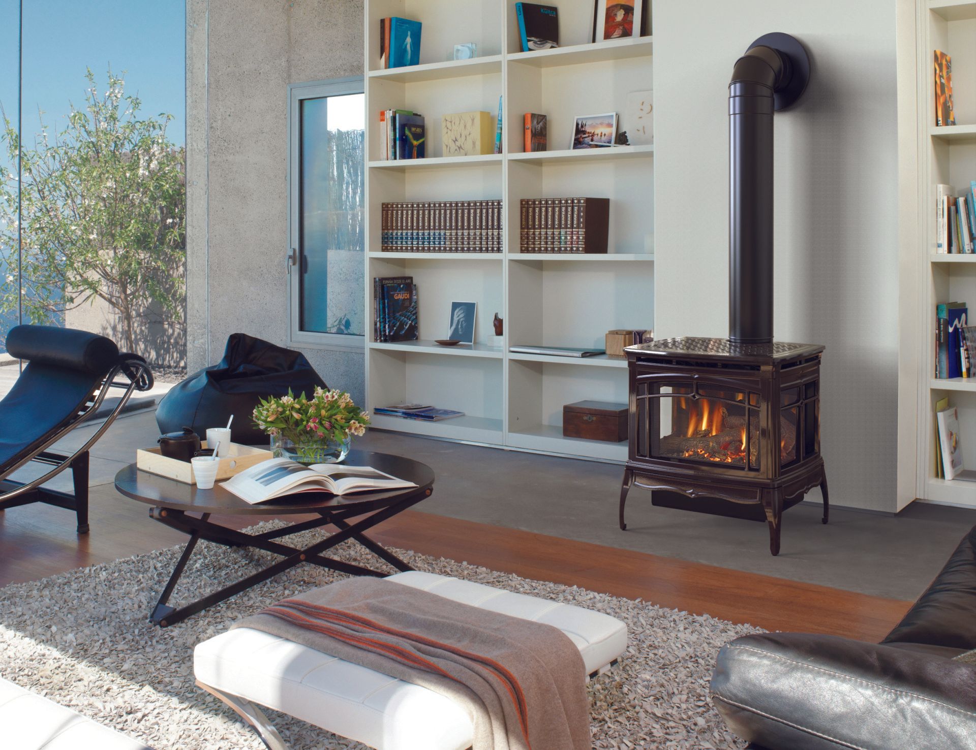 A living room with a black stove and chimney, bookshelves, and seating. Sunlight streams in.