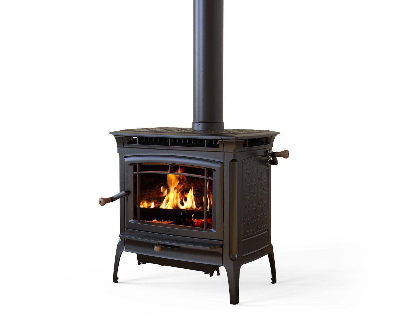A black wood-burning stove with a burning fire inside. A black chimney pipe extends upwards.