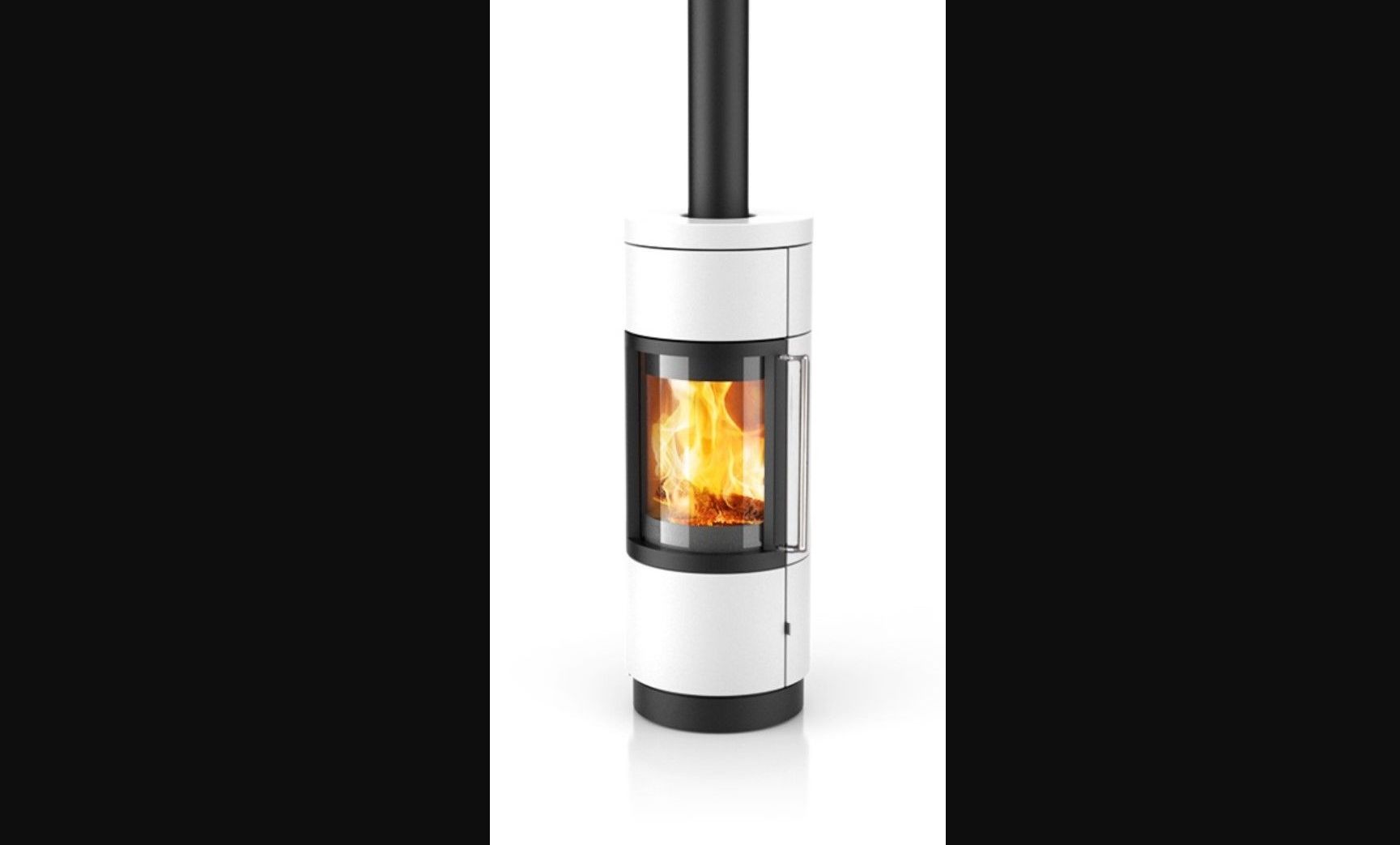 White cylindrical wood-burning stove with a black chimney, showing flames through a glass window.