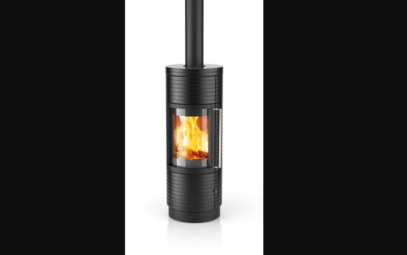 Black cylindrical fireplace with a visible fire and chimney.