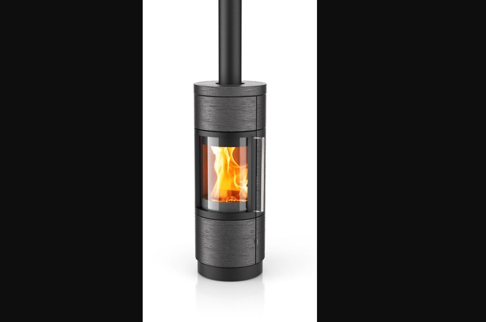 Black cylindrical wood-burning stove with visible flames, black chimney, and textured surface.
