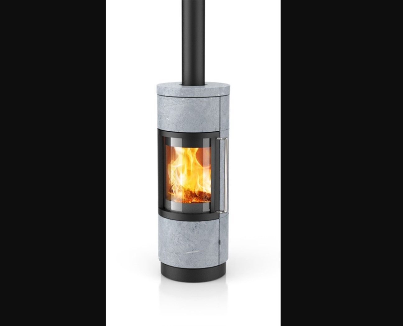 A modern stone-clad wood-burning stove with a black chimney and a view of the flames inside.