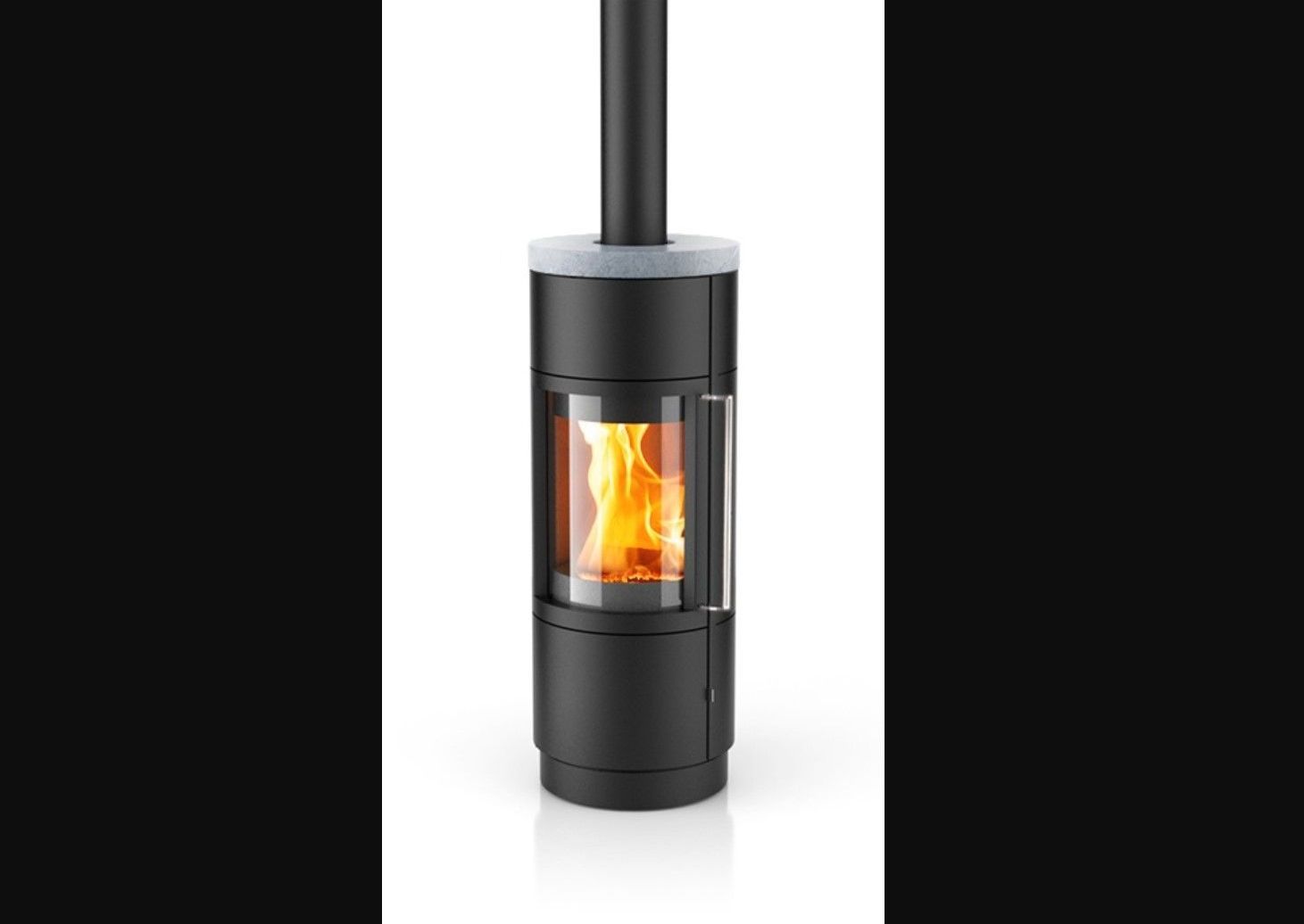 A black wood-burning stove with a glass front showing orange flames, a chimney pipe, and a white base.