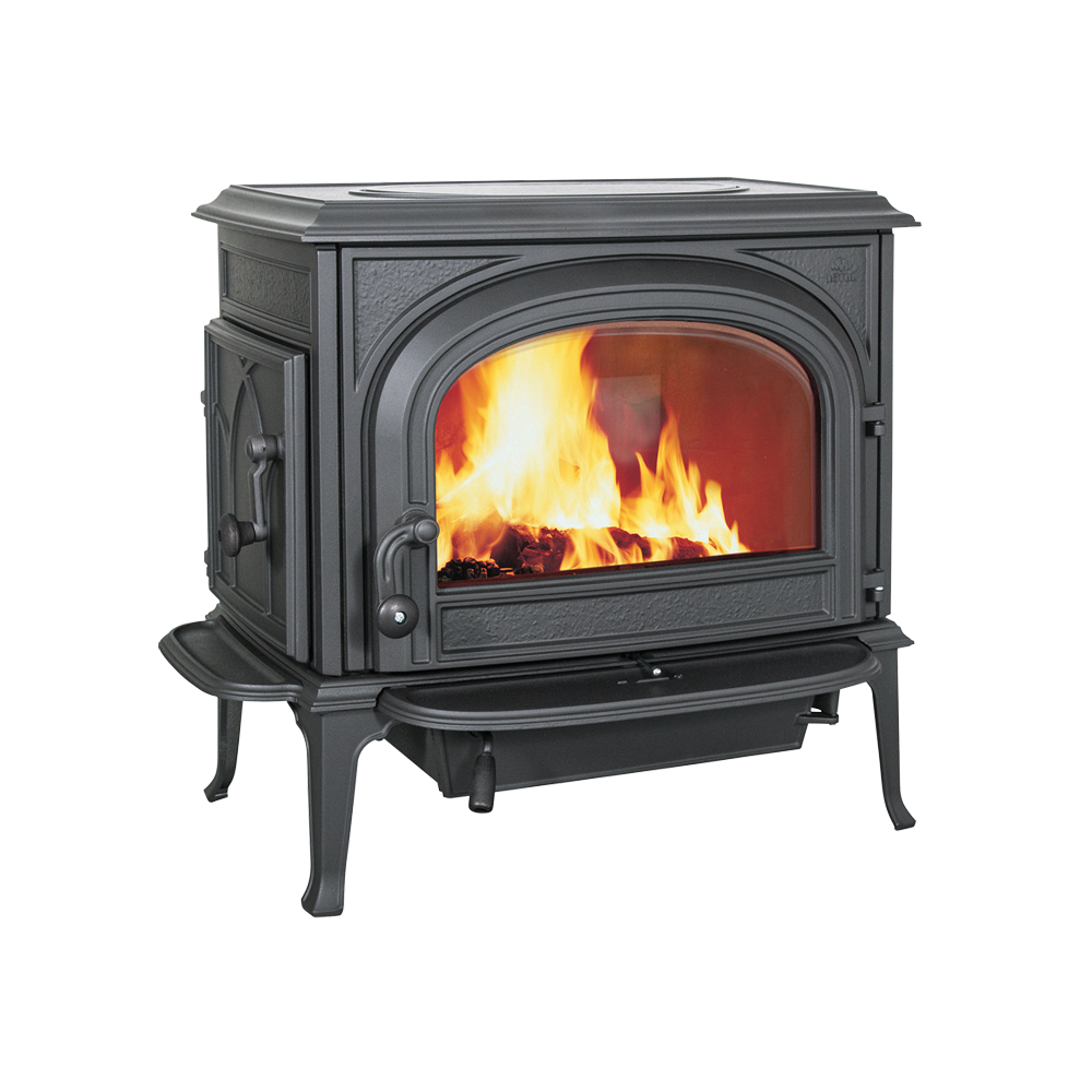 A black wood-burning stove with a fire burning inside. The stove has ornate detailing and a curved glass door.