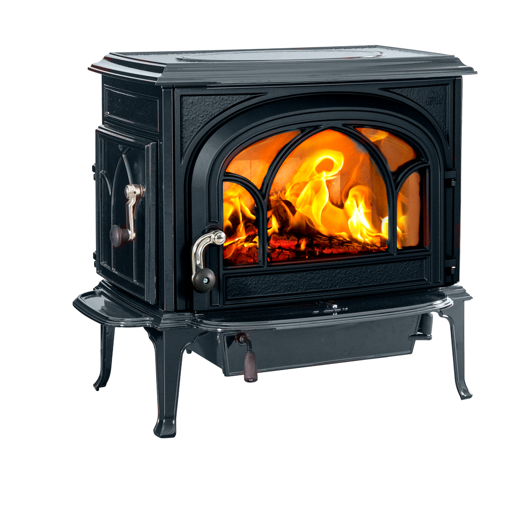 A black wood-burning stove with a fire burning inside. It has ornate details, a curved glass door, and is set against a white background.