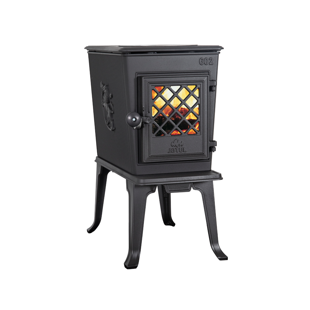 Black cast iron wood-burning stove with a front door showing a fire, set on four legs.