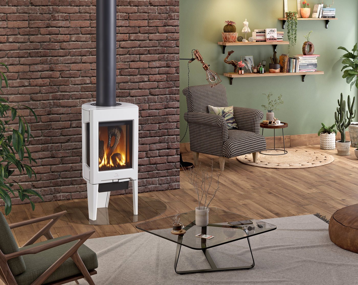 White freestanding fireplace against a brick wall, in a cozy living room with a green accent wall, armchair, and wooden floors.